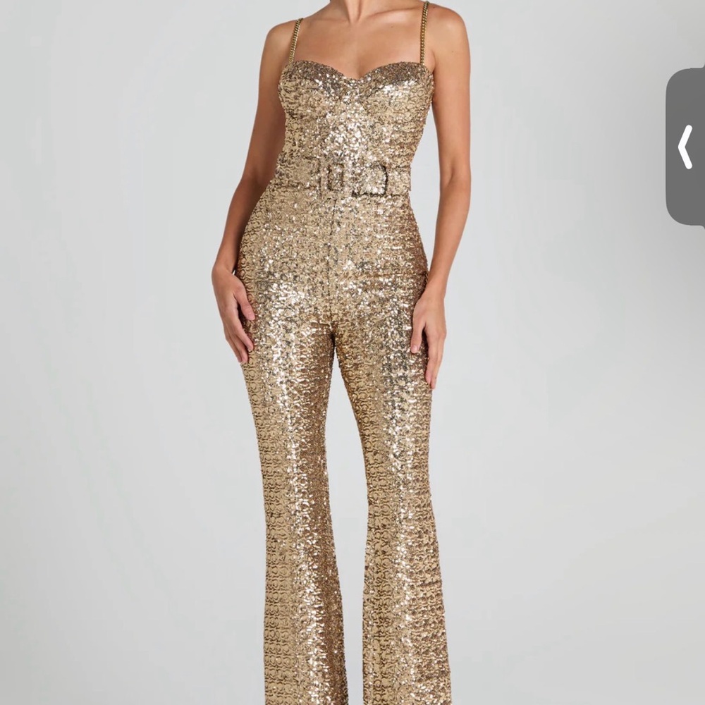 NADINE MERABI Gold Sequin Flare Jumpsuit